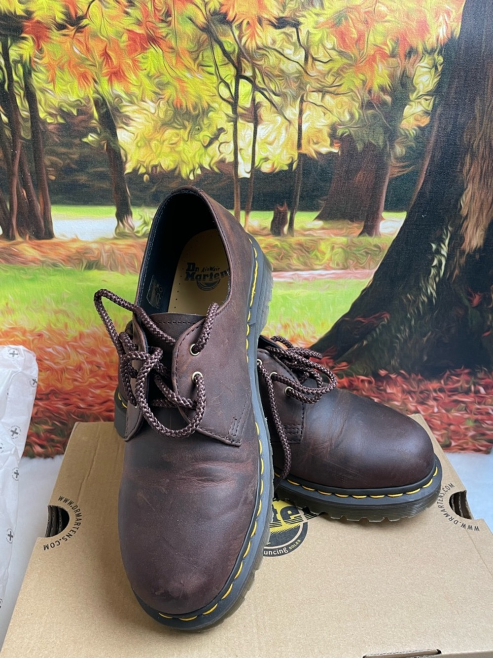Dr. Martens Brown Leather 3-Eye Derby Shoes with Yellow Stitching